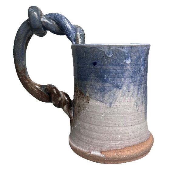 Handmade Studio Pottery Mug Handle Art Brown Blue Drip Glaze Signed - Picture 1 of 12